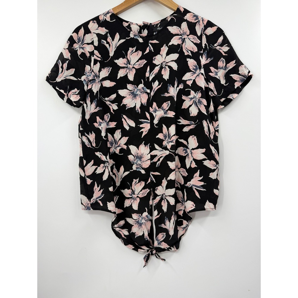 Madewell‎ Womens XS Black Pink Floral 100% Silk Tie Front Button Back Blouse Top
